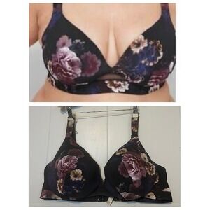 Cacique Black Floral Print Plunge Bra Lane Bryant Sz 46DD